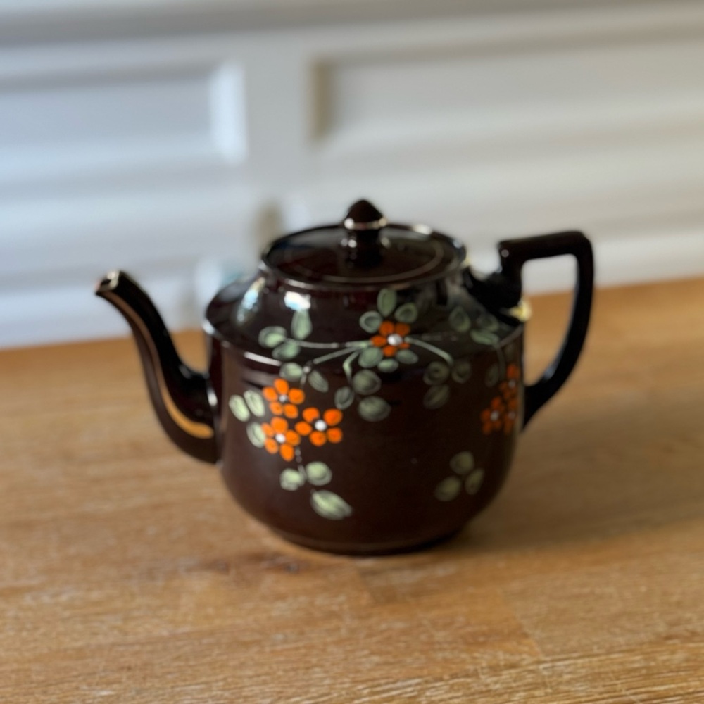 Vintage Hand-Painted Brown Pottery Teapot - Floral Design (AS IS)
